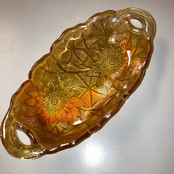 Vintage Carnival Glass Marigold/Sunflower Iridescent Oval Dish w/Handles - Picture 6 of 11